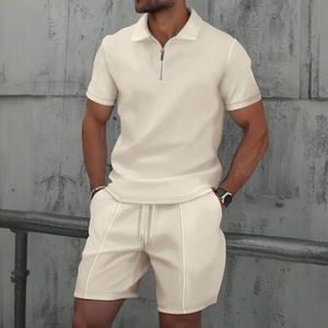 Ensemble décontracté homme col montant zippé, couleur unie, manches courtes et short – Prix de gros - Product Image 2