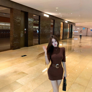 Black Turtleneck Mid Sleeve Dress Women Fitted Waist Slim Fit Solid Color Office Casual Mini Skirt JY 8378 - Product Image 5