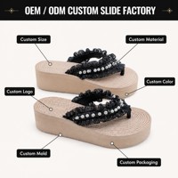 Tongs de plage personnalisées OEM pour femmes, antidérapantes, en EVA, à plateforme, ornées de perles, en tulle noir, à volants, avec corde scintillante