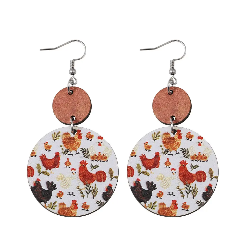 Personnalité ferme Animal poussin boucles d'oreilles Double face impression poulet boucles d'oreilles en bois