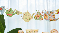 Décoration de la fête du thé de l'après-midi Vaisselle florale Assiette en papier jetable Tasse Serviette Théière Bannière Fournitures