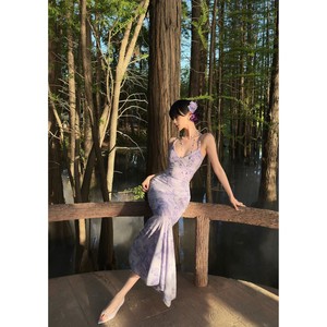 V Neck Backless <b>Purple</b> Bodycon Fishtail <b>Cocktail</b> <b>Dress</b> Solid Color Polyester Long <b>Dress</b> Natural Waistline - Product Image 5