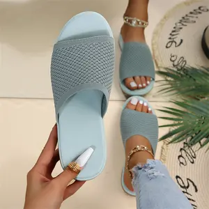 Pantufas femininas de malha confortáveis, chinelos anti-derrapantes de pvc, tamanho grande, para casa, sola macia e plana