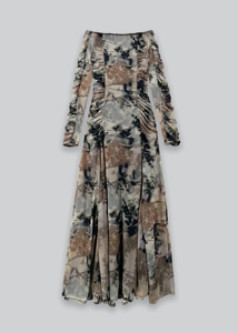 Vestido midi ajustado tie-dye con hombros descubiertos, fruncido, manga larga, cuello cuadrado, estilo vintage para mujer - Product Image 5