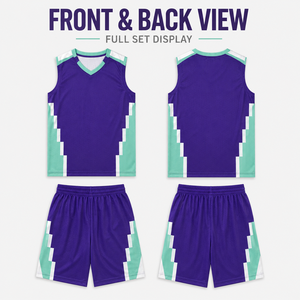 Seragam Basket Remaja Geometris Ungu Mint Kustom, Set Jersey Berbahan Mesh Bernapas dengan Kerah V untuk Liga Basket Kampus - Product Image 3