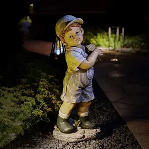 Garden Statue Boys with Solar Lantern Gift for Garden Resin Sculpture Home Decoration