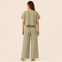 Ensemble long 2 pièces tendance pour femme en mélange lin et polyester, double couche, manches courtes, fermeture éclair, pantalon large délavé
