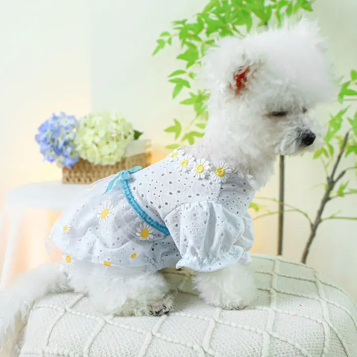 Primavera Fresh Daisy Dog Yarn Dress Pet Bowknot Leisure Princess Dress