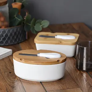 Drop Verzending Nordic Boter Mes Keramische Plaat Westerse Boter Kaas Doos Met Bamboe Cover Huishoudelijke Vierkante Boter Box Set