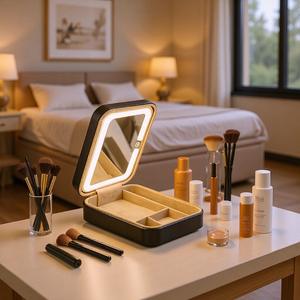 Sac de rangement pour maquillage en PU noir avec miroir, fermeture à glissière, trousse de toilette portable pour les voyages et l'usage quotidien - Product Image 2