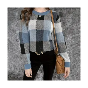 New Arrival Women Long Sleeve Knitwear Plaid Fashionable Knitted Sweater Women Crewneck