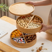 Ronde bamboe snackbox opbergplateau met deksel, meerdere compartimenten voor snoep, noten en gedroogd fruit, opbergdoos voor thuis en hotel