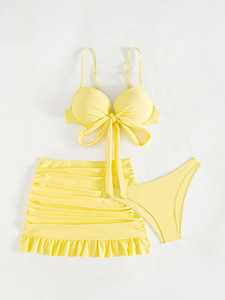 Hot Selling Solid Color Three Piece <b>Bikini</b> Set <b>Skirted</b> Backless Swimsuit Women Beach Bathing Suit - Product Image 2