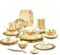 Service de vaisselle de luxe en porcelaine fine à motifs floraux, compatible lave-vaisselle, micro-ondes et four, idéal pour la maison et les banquets de mariage
