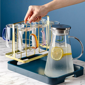 Tazas de vidrio resistentes al calor con asas, juego de 6 piezas, tazas transparentes de colores para beber té con soporte dorado para fiestas - Product Image 1