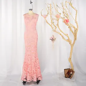 Benutzer definierte Marke runden Kragen Rose bestickte rosa Kleider Frauen elegante Abend besticktes Kleid