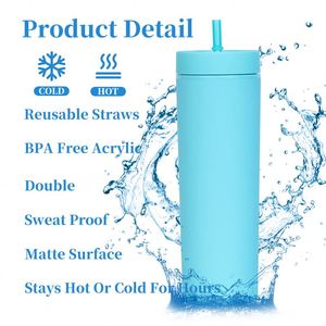 Logo 16 Oz Plastic Custom Drink Cups Matte Acrylic Double Wall Tumbler Portable Coffee Water Bottle Skinny Tumblers - Product Image 4