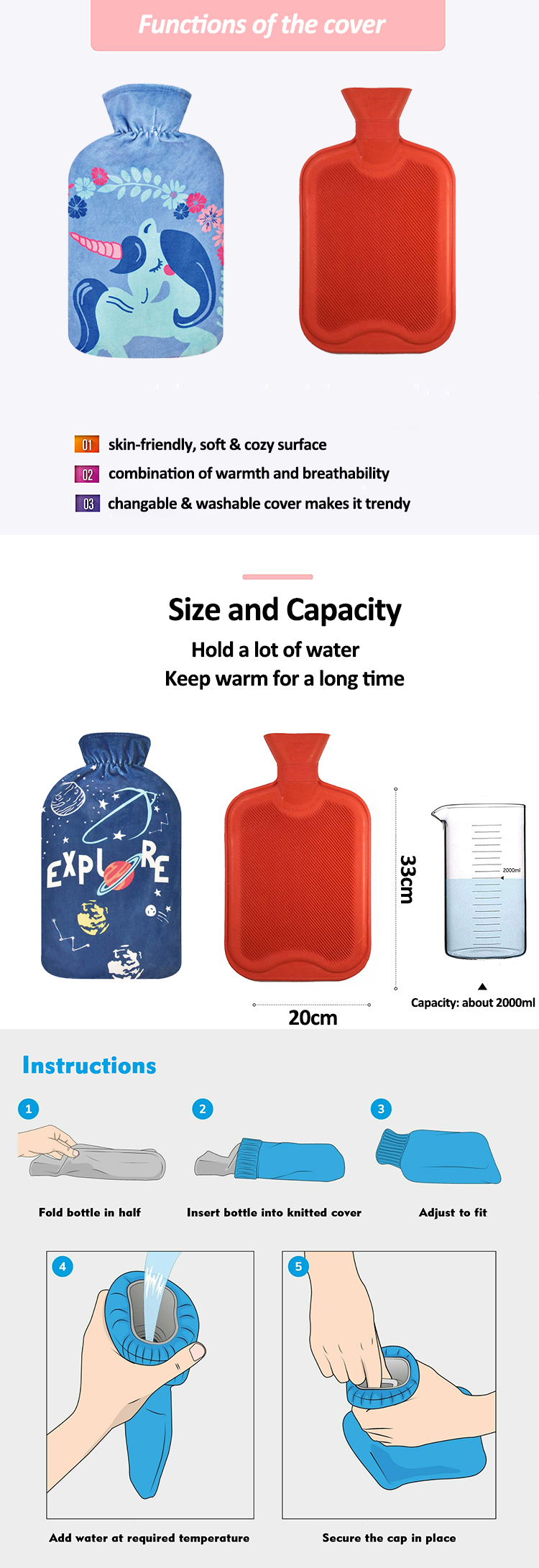 2000ml fleece safe long time warming multifarious lovely rubber hot water bag cover