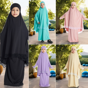 Traditional Muslim Prayer Dress Kids 2-Piece Khimar for <b>Abaya</b> Set Handmade Polyester Lightweight High Quality Modest Lace - Product Image 2