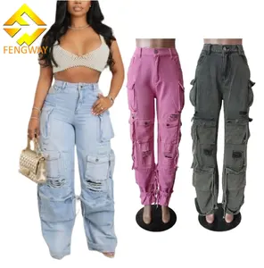 2024 Neuheit Damen Cargohose Damenmode hohe Taille gerades Baggy Jean ästhetische Mehrtaschen-Hose Damenbekleidung