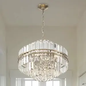 Crystal Adjustable LED Pendant Light Metal Steel Chandelier Glass Shade Dimmable Light Fixture for Living Room