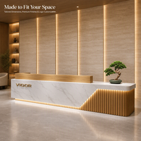 Bureau d'accueil en bois à motif marbré avec bande LED, bureau de réception sur mesure pour bureau