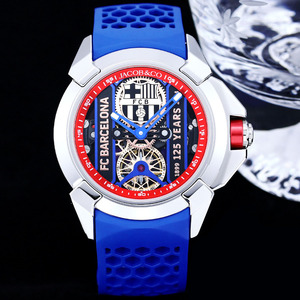 Montre mécanique automatique Jacob Co Epic X Barcelona Football pour homme, bracelet en caoutchouc, cadran à aiguilles, réserve de marche, répétiteur, boîtier de luxe - Product Image 1