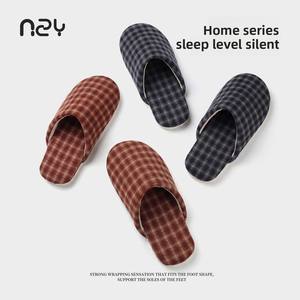 Chaussons d'intérieur antidérapants à bout fermé en coton à motif écossais, style japonais simple, avec semelle extérieure en TPR, pour couple, collection printemps femme et homme - Product Image 5