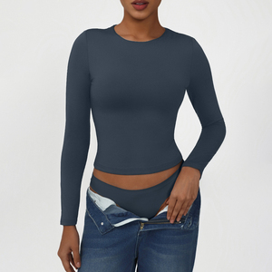 T-shirt modale all'uncinetto da <span class=keywords><strong>donna</strong></span> all'ingrosso graziosa canottiera Slim-Fit a maniche lunghe per abbigliamento Casual primavera autunno tinta unita - Product Image 5