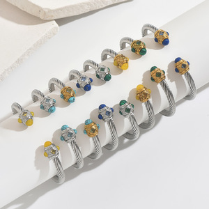 Brazalete de Cable Trenzado Abierto de Acero Inoxidable Chapado en Oro de 18K de Alta Calidad con Piedra Natural para Mujer, Pulseras de Moda - Product Image 1