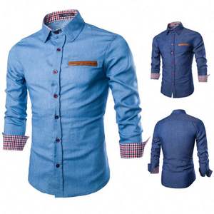 Camisas Casuales de Moda para Hombre, Primavera y Otoño, Populares, con Bolsillo, de Algodón, Ajustadas, de Manga Larga, Estilo Denim - Product Image 5