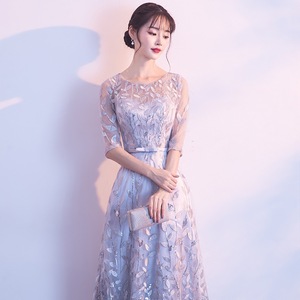Elegant Evening Gown O-Neck A-Line 3D Floral Print Long Dress For Banquets Silver Grey Champagne Color - Product Image 2