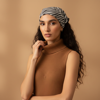 Gaun Rajut Tanpa Lengan Wanita, Atasan Jumper Bergaris Turtleneck & Rok Mini A-Line Mengembang, Sweater 12GG