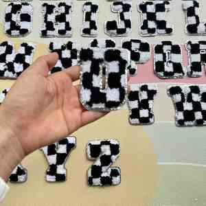 New Hot 8CM Iron on Chenille Embroidered Sliver Edge White <b>Black</b> Checker Letter Patch for Hat Hoodies Decoration - Product Image 4