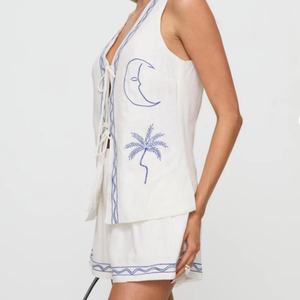 Conjunto de Lino Casual Bordado para Mujer, Dos Piezas, Estilo Nuevo, Top sin Mangas y Pantalones Cortos, Sexy, Color Sólido, Venta Caliente OEM - Product Image 2