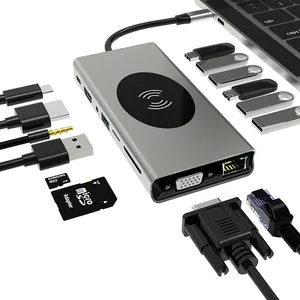 15合1 C型集线器多端口坞站，带4KHDMI VGA rj4 5千兆标清TF usb-c PD无线充电适配器，适用于Macbook Pro