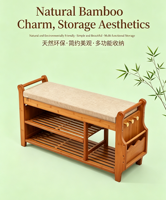 Banc à chaussures en bambou naturel avec coussin, étagère de rangement, tabouret long multifonctionnel pour entrée