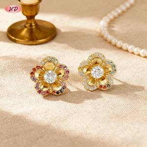 हेंगडियन विंटेज गहने रंगीन या एक ज़िरकॉन फूल स्टड इयररिंग्स पीतल 18k सोना प्लेटेड यूनिसेक्स थोक फैशन गहने पार्टी - Product Image 1