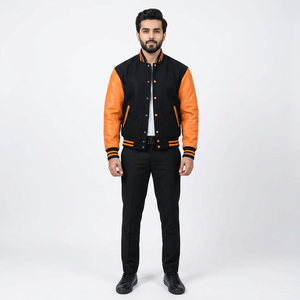 Chaqueta Varsity Personalizada con Logotipo, Negra, para Hombre, Mangas de Algodón Bordadas, Cuello Alto, Logotipo Frontal, Transpirable, para Parejas, Invierno - Product Image 1