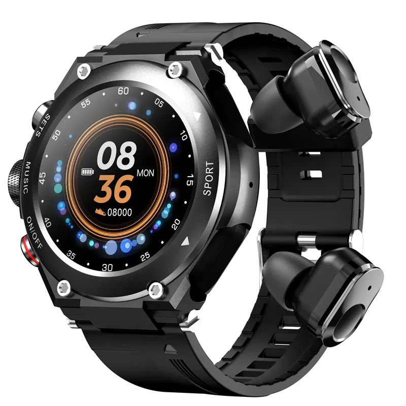 Maxtop Hot Selling IPS Screen Waterproof Full Touch Sport Watch Body Temperature Monitor 2 IN1 BT Earphone Digital Smart Watch