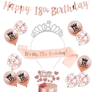 DAMAI Set balon pesta tema merah muda ulang tahun anak perempuan dekorasi pesta dengan ikat kepala spanduk huruf Glitter perlengkapan atasan kue