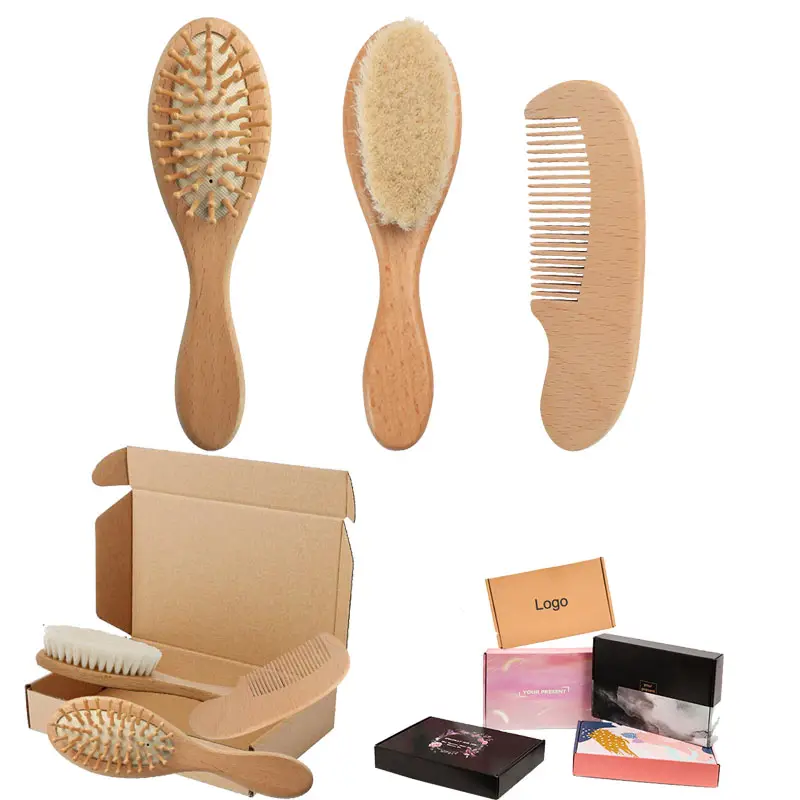 Wooden Baby Goat Bristle Hair Brush and Comb Set for Newborns and Toddlers with Box