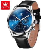 Montre à quartz chronographe Olves 2882 Luxury Sport Fashion Moon Phase 42 mm - Alliage, résistance à l'eau 3 BAR, aiguilles lumineuses, bracelet en cuir