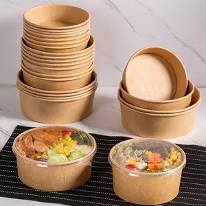 Envase de comida de impresión personalizada Ensalada con tapa Envase de comida desechable Tazón de papel Kraft