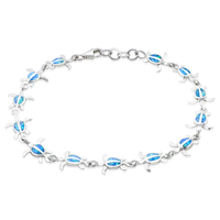 Bracelet Hawaïen en Argent Sterling 925 de la Collection Océan, Incrusté d'Opale, Motif Vie Marine, Fleur de Plumeria Bleue et Tortue