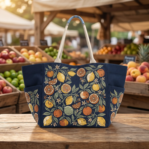 Bolsa de Compras Ecológica de Algodón con Estampado de Cítricos Azul Marino, Bolsa de Compras de Algodón con Asas Largas - Product Image 4
