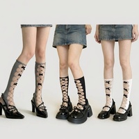 Chaussettes mi-mollet en nylon tricoté respirant style JK, motif papillon perlé gris, pour l'été, style Lolita