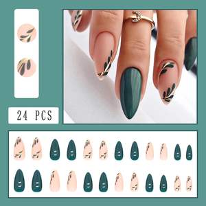 <span class=keywords><strong>Uñas</strong></span> Acrílicas de Presión con Diseño de Hojas Verdes Doradas, Estilo Stiletto Cuadrado, Acabado <span class=keywords><strong>Mate</strong></span> y Brillante, para Primavera/Verano, Decoración de Manicura DIY de Cobertura Completa - Product Image 2