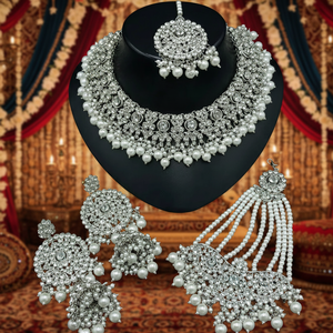 Alloy <b>Gold</b> Pearl Bridal Shadow Choker Necklace <b>Set</b> Earrings Maang Tikka Ethnic Trendy Handmade High Quality Latest Wedding Party - Product Image 3