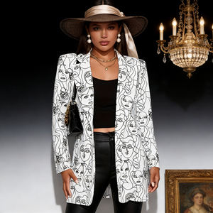 Oferta especial en Temu: Blazer largo con estampado de rostros a la moda para mujer, cuello de solapa, abertura frontal, abrigo informal para el trabajo y uso diario. - Product Image 5